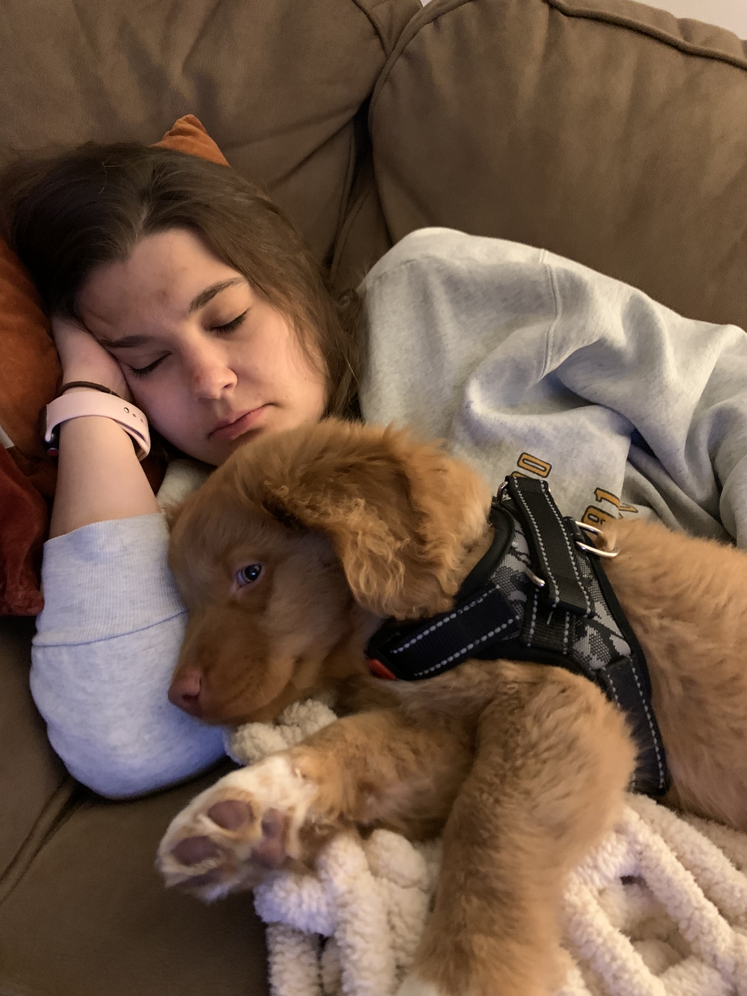 Rachel snuggling with Rooney as a puppy